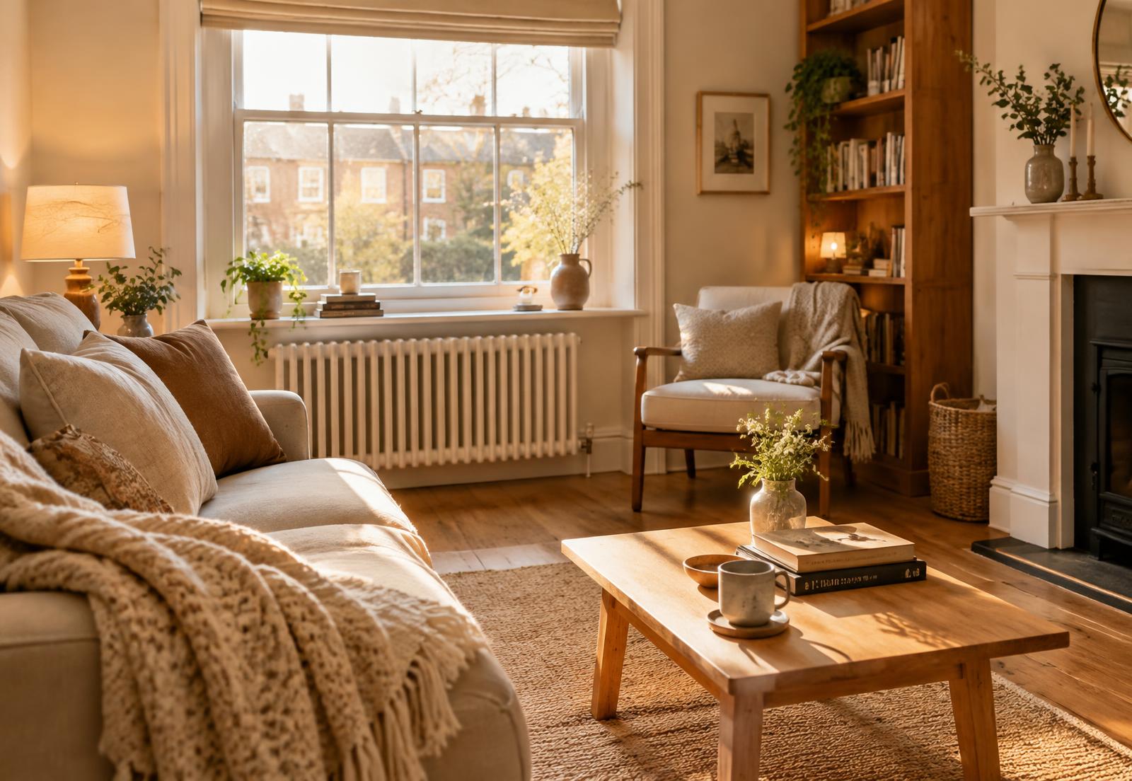 A cosy living room warmed by a white radiator in golden afternoon light