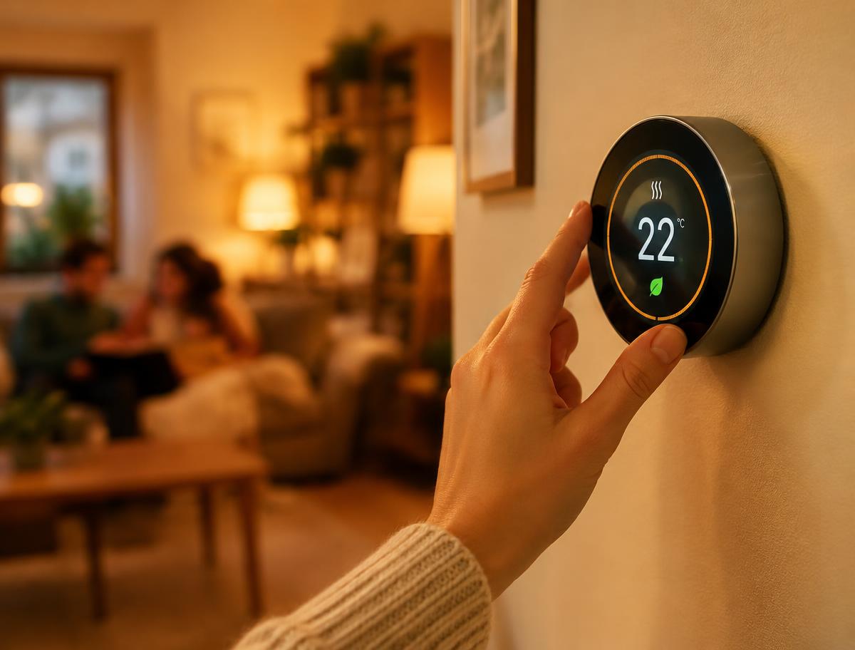 A hand adjusting a smart thermostat in a warmly lit home